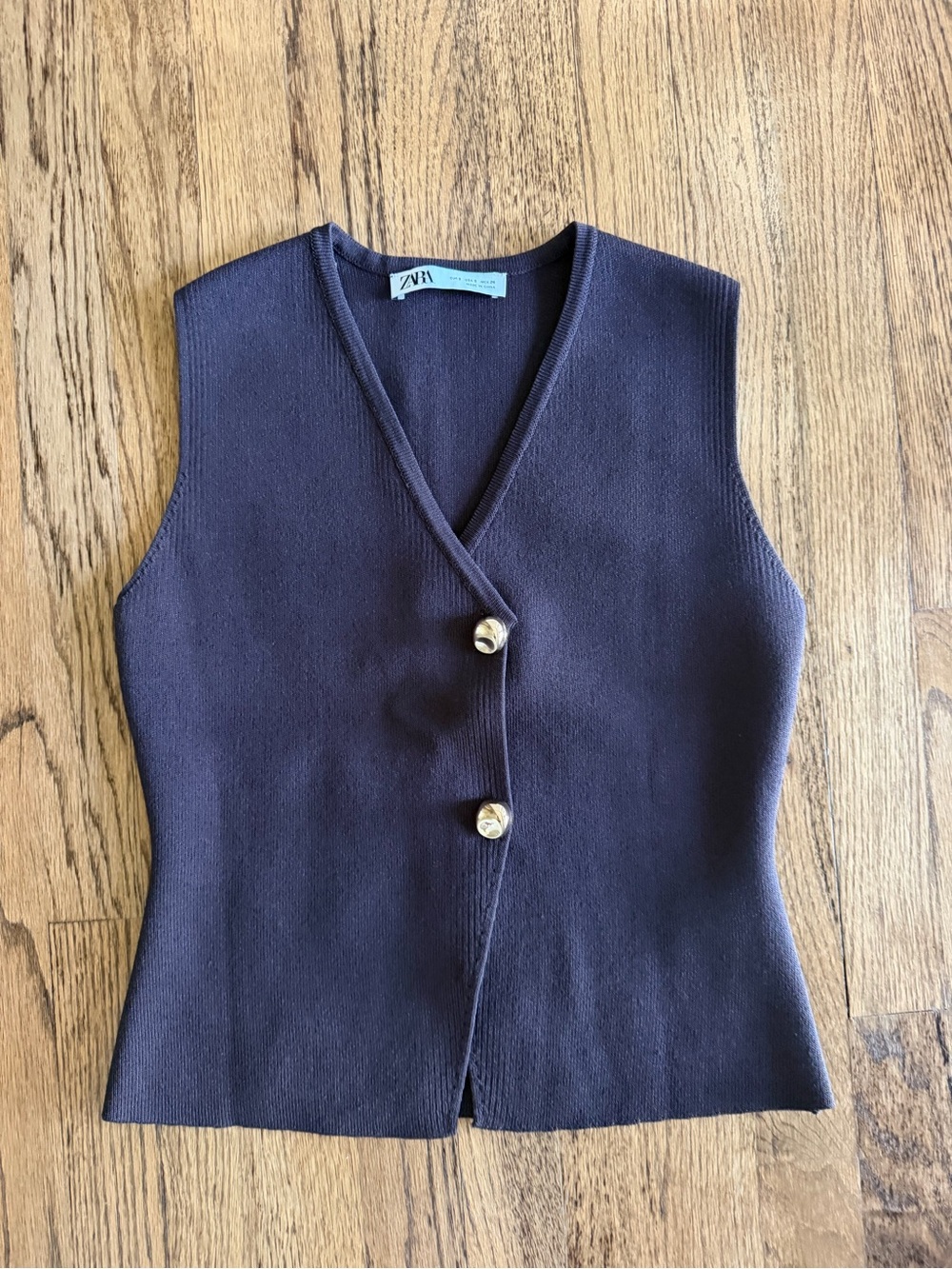 Zara Sleeveless Rib Knit Button Vest in Chocolate Brown